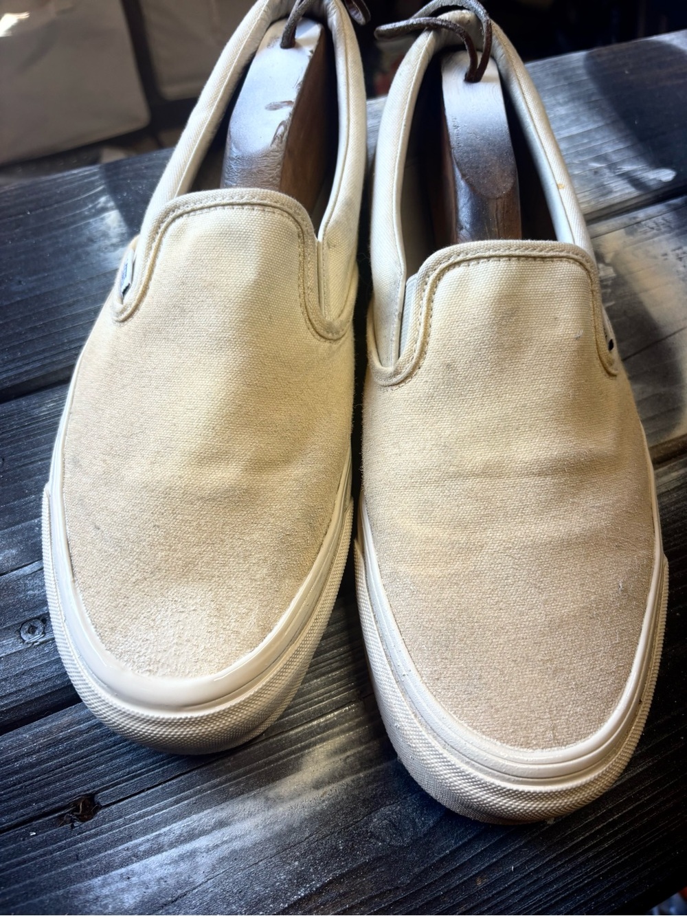 Vans Slip OnsCream & tan canvas slip-on sneakers minimalist size 11.5 good stats